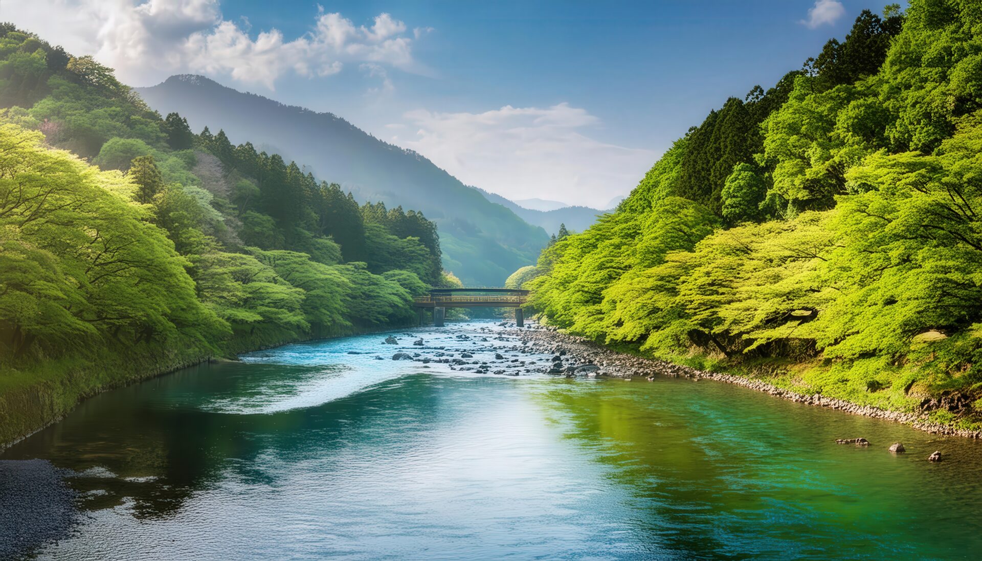 新緑と橋のある渓流風景