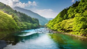 新緑と橋のある渓流風景