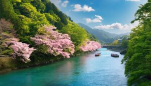 花見舟と桜咲く渓谷の春景色