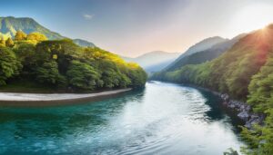 朝日に照らされる渓谷と清流