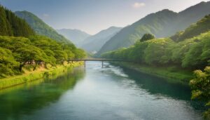 深緑の渓谷と橋のある静かな風景