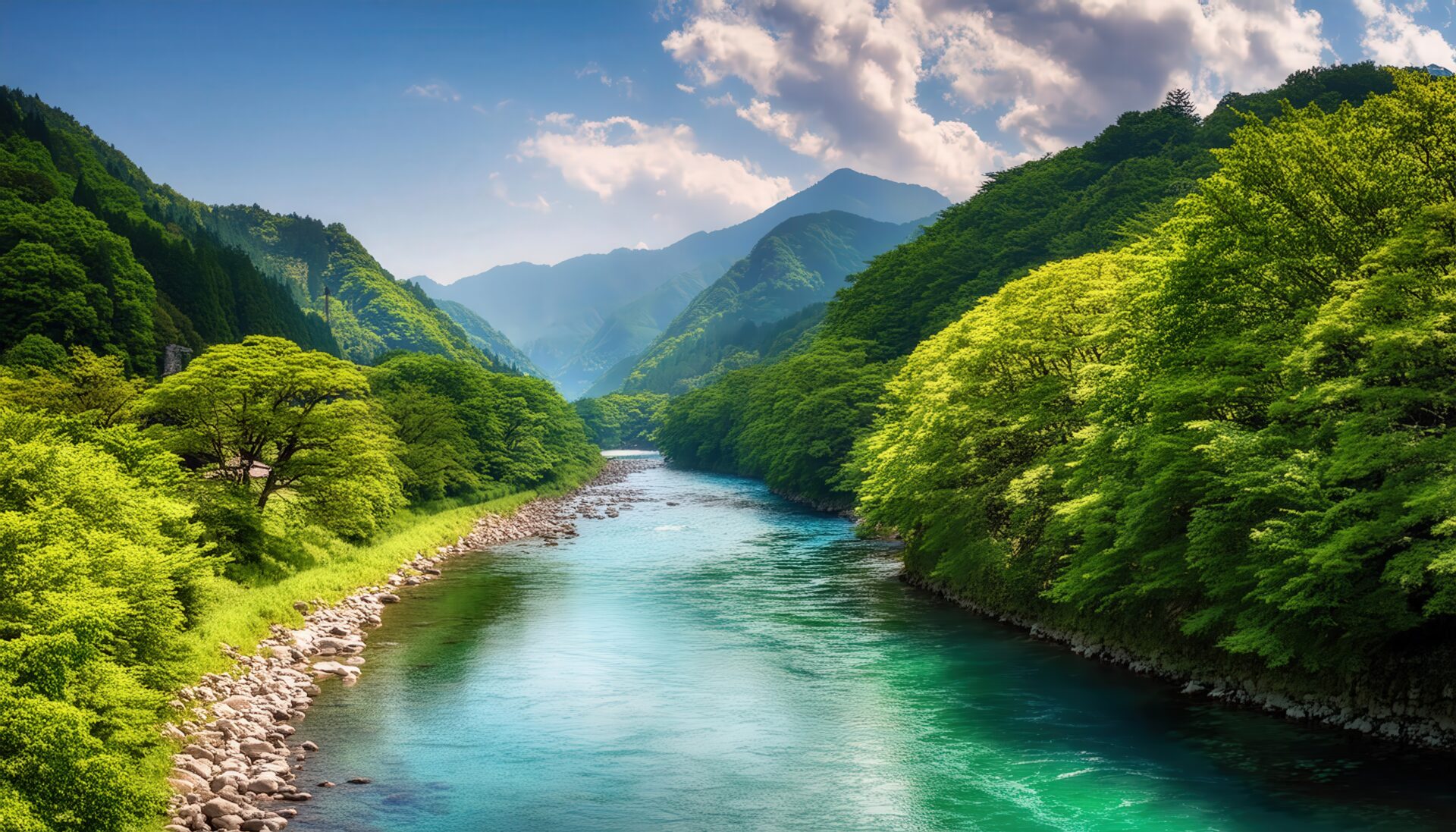 山間の川と緑の風景
