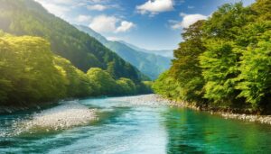 朝日に照らされた渓流