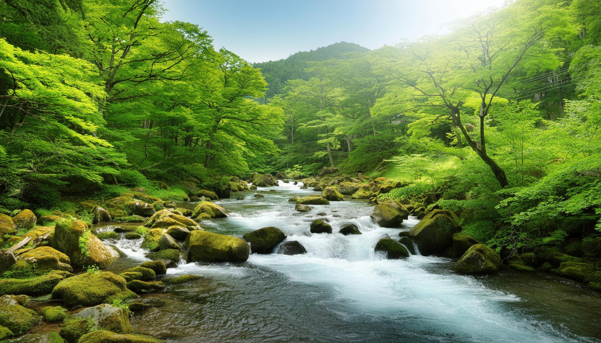 森林の渓流と苔石