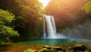 夕日差し込む滝壺