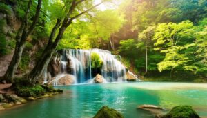 エメラルドグリーンの滝壺