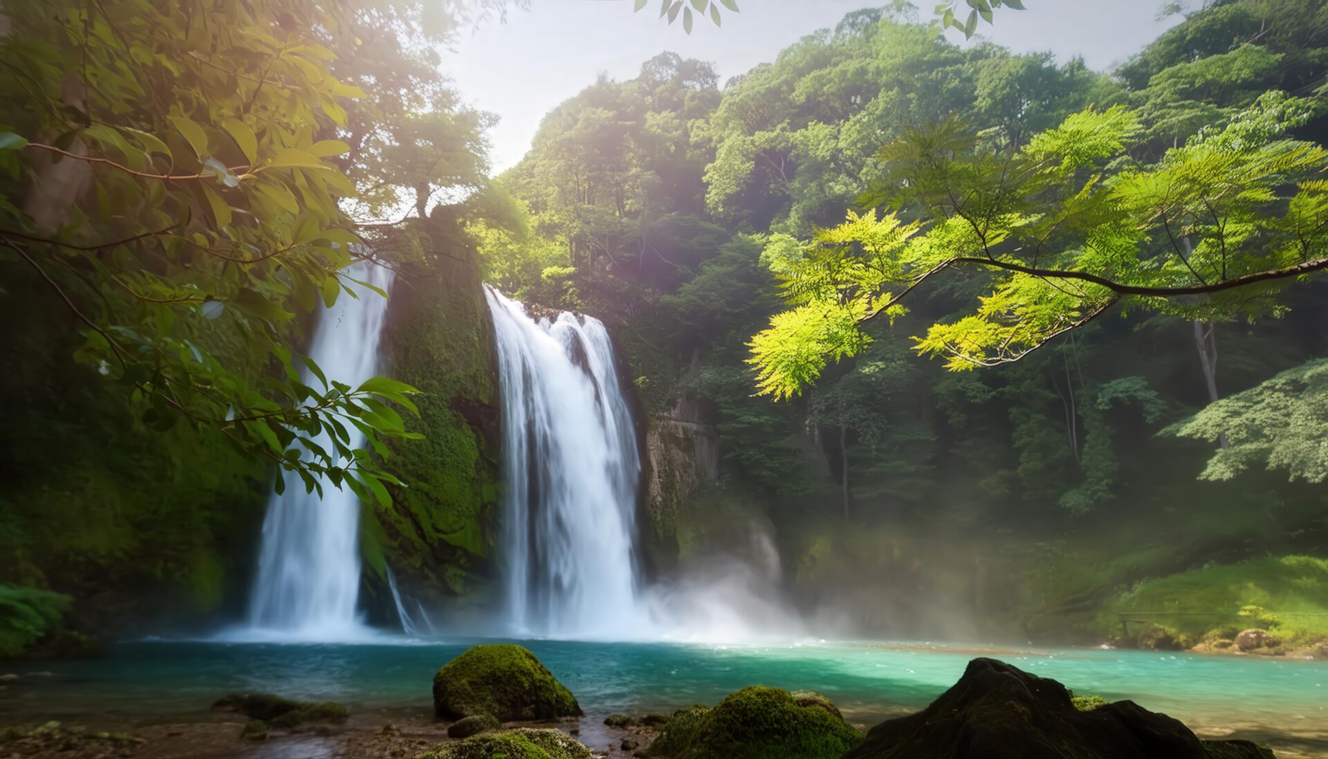 葉越しに見る大滝