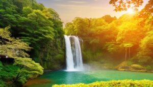 夕日に輝く滝と新緑