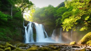 木漏れ日の滝と岩場