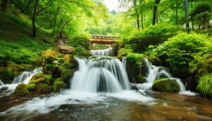 森林の中の小滝と橋