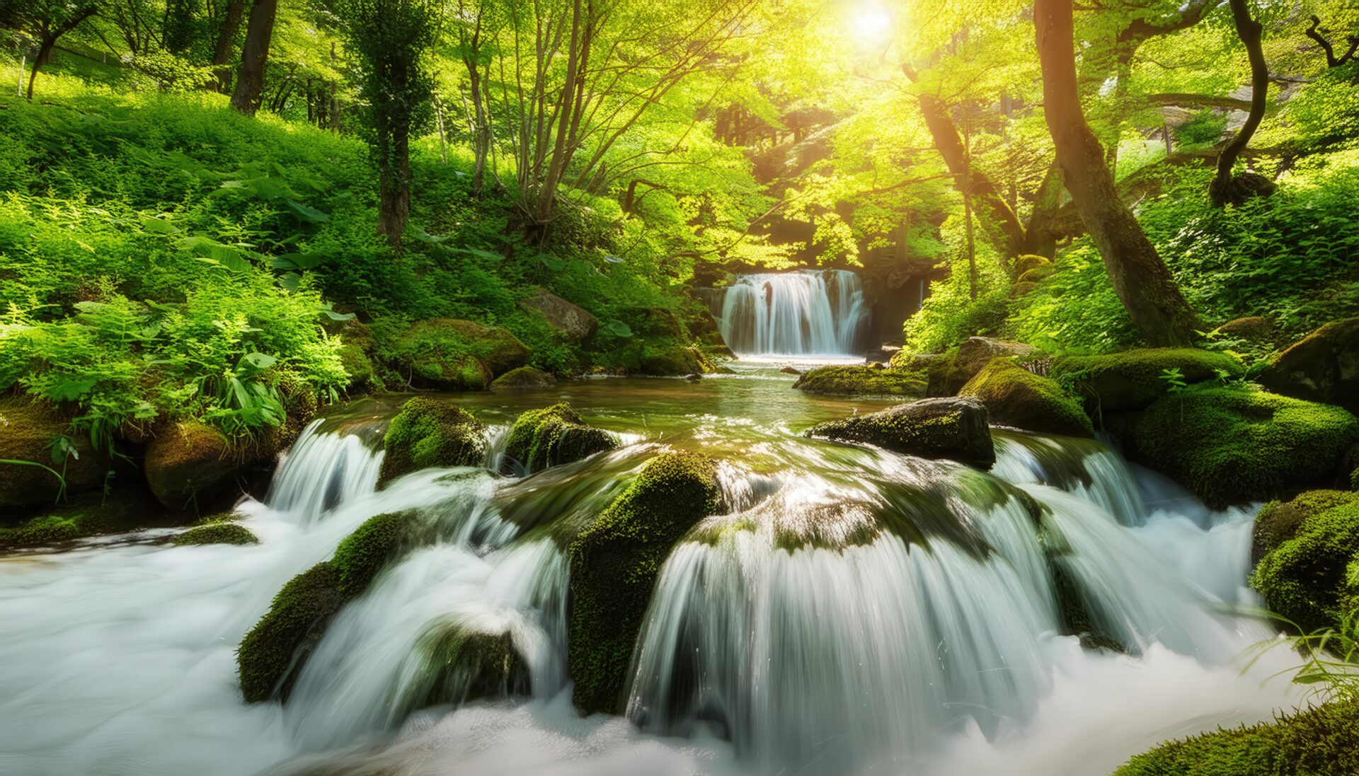 朝日に照らされる小滝
