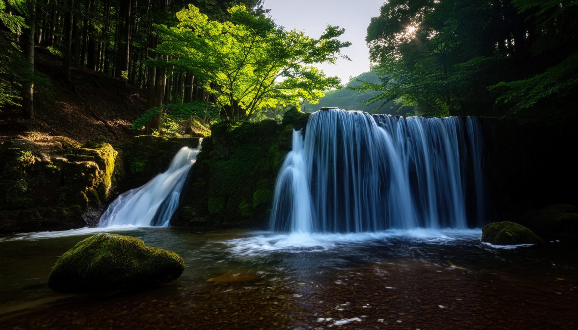 森林の中の滝と苔むした岩