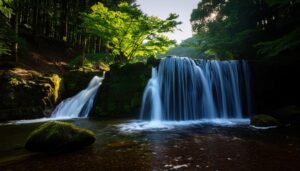 森林の中の滝と苔むした岩