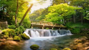 木橋と滝の渓流風景