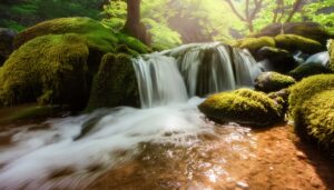小さな滝と苔むした岩