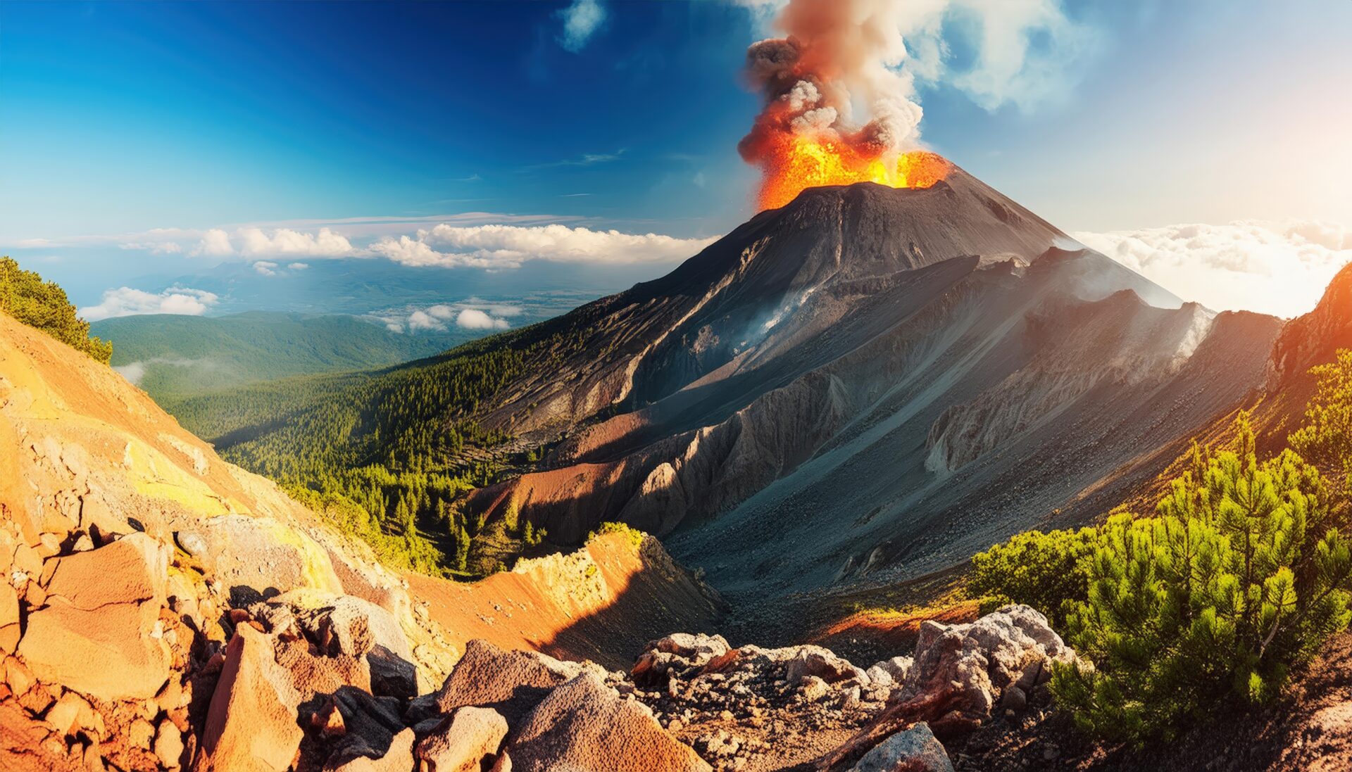 噴火する火山と溶岩流