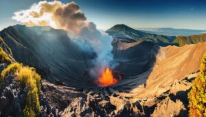 火口から溶岩を噴き上げる火山
