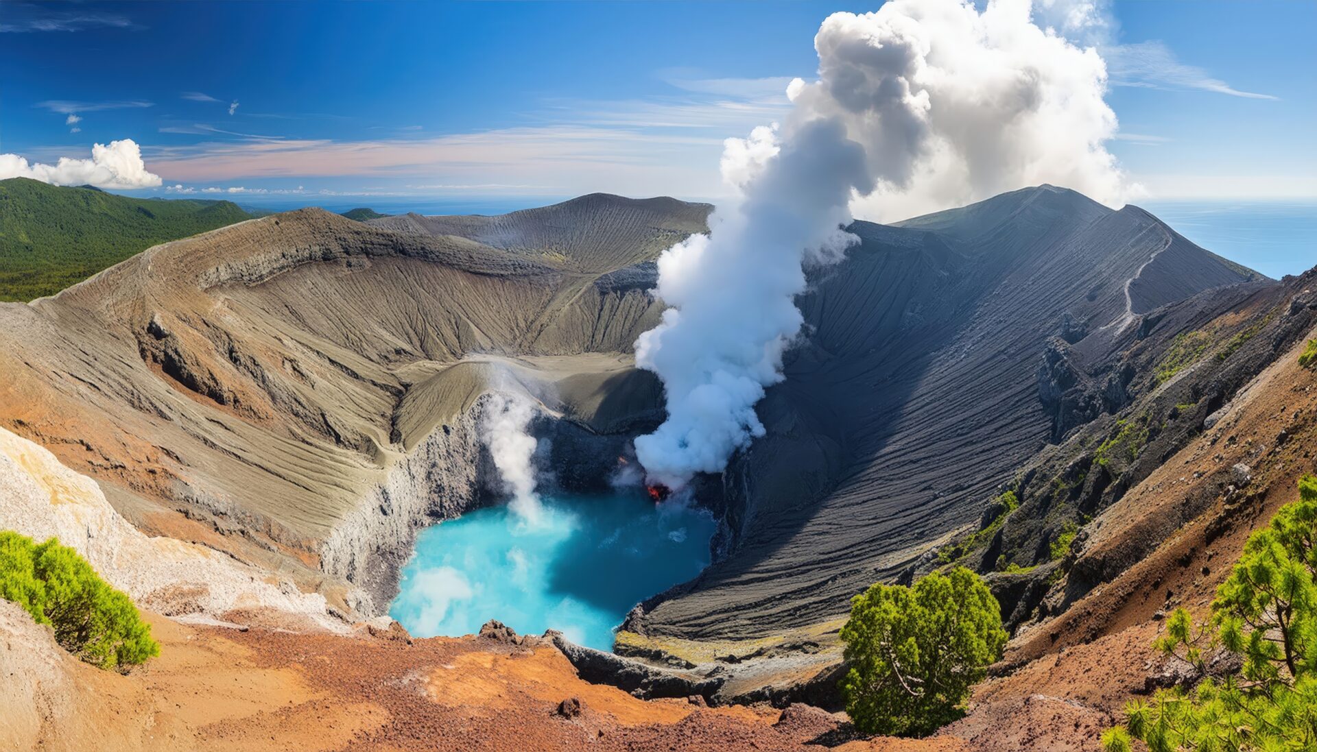 火口湖と噴煙の火山