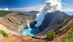火口湖と噴煙の火山