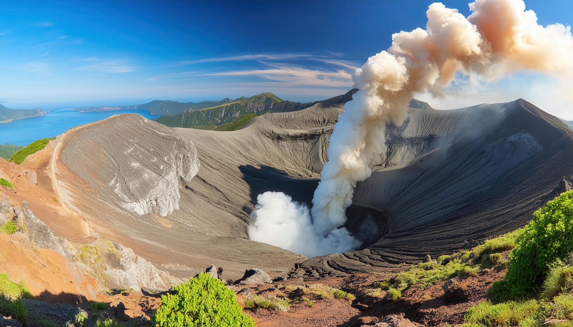 海を望む火山の噴煙