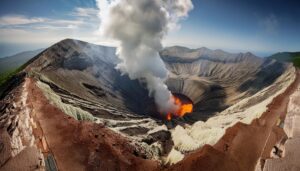 活発に噴煙を上げる火山と溶岩