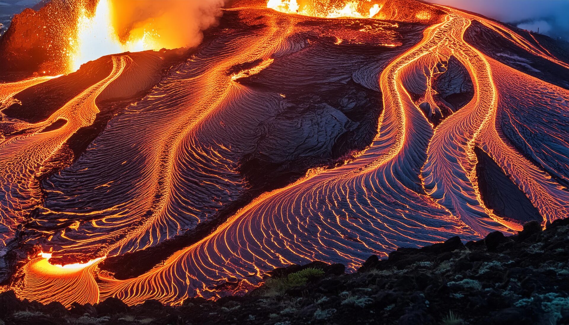 流れる溶岩と噴火