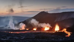 夜の溶岩流と噴火
