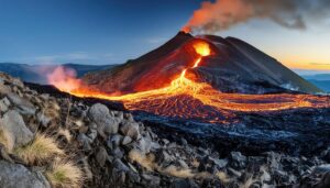 溶岩が流れる活火山