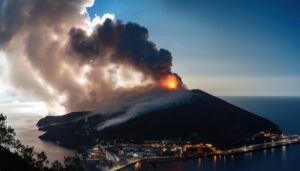 港町と噴火する火山