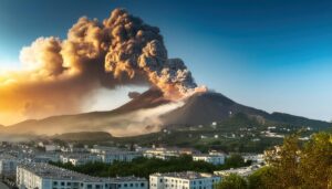 火山噴火と住宅街の風景