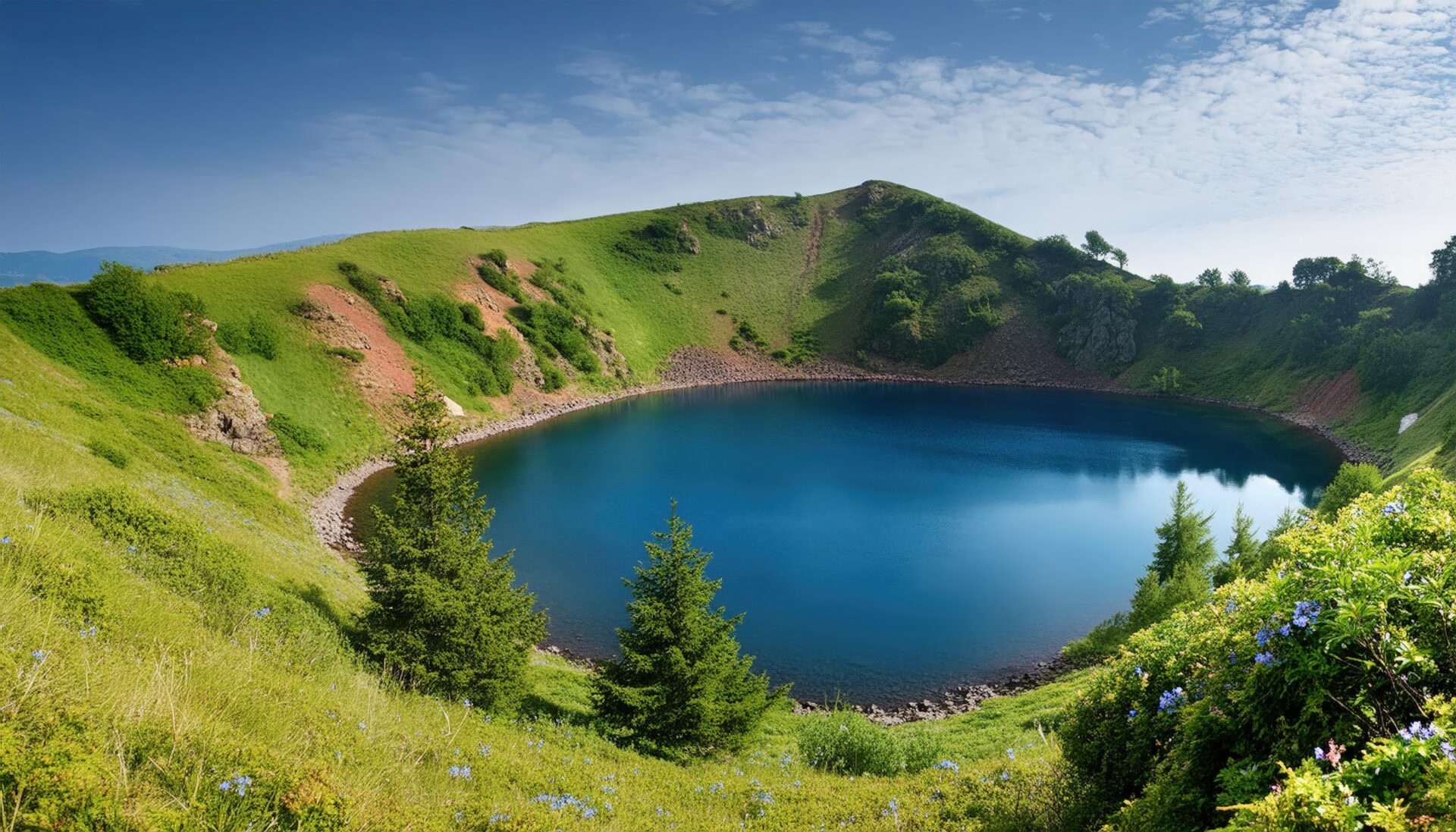 カルデラ湖と緑の草原に囲まれた山の風景