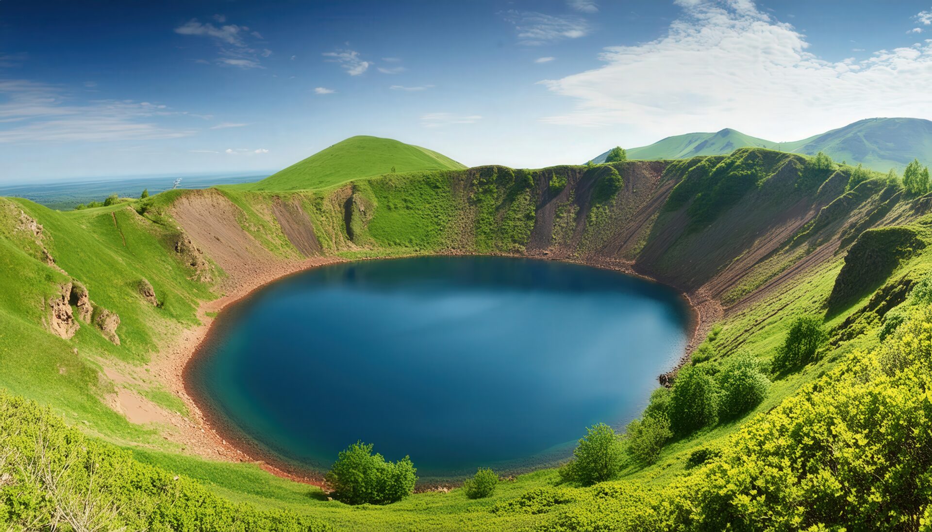 青い湖と緑の山の火山クレーター風景