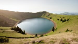 朝日に照らされた火山クレーター湖と草原