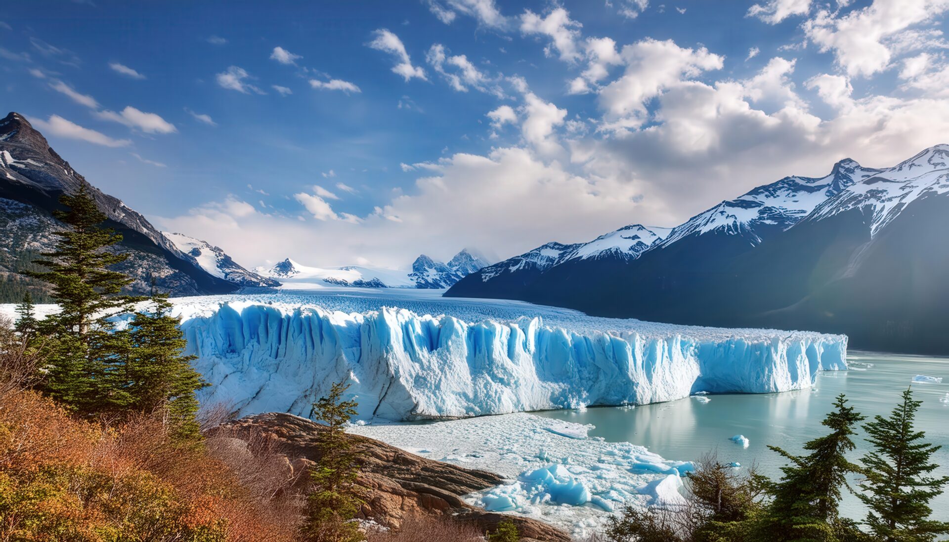 青い氷壁と雪山に囲まれた氷河の風景