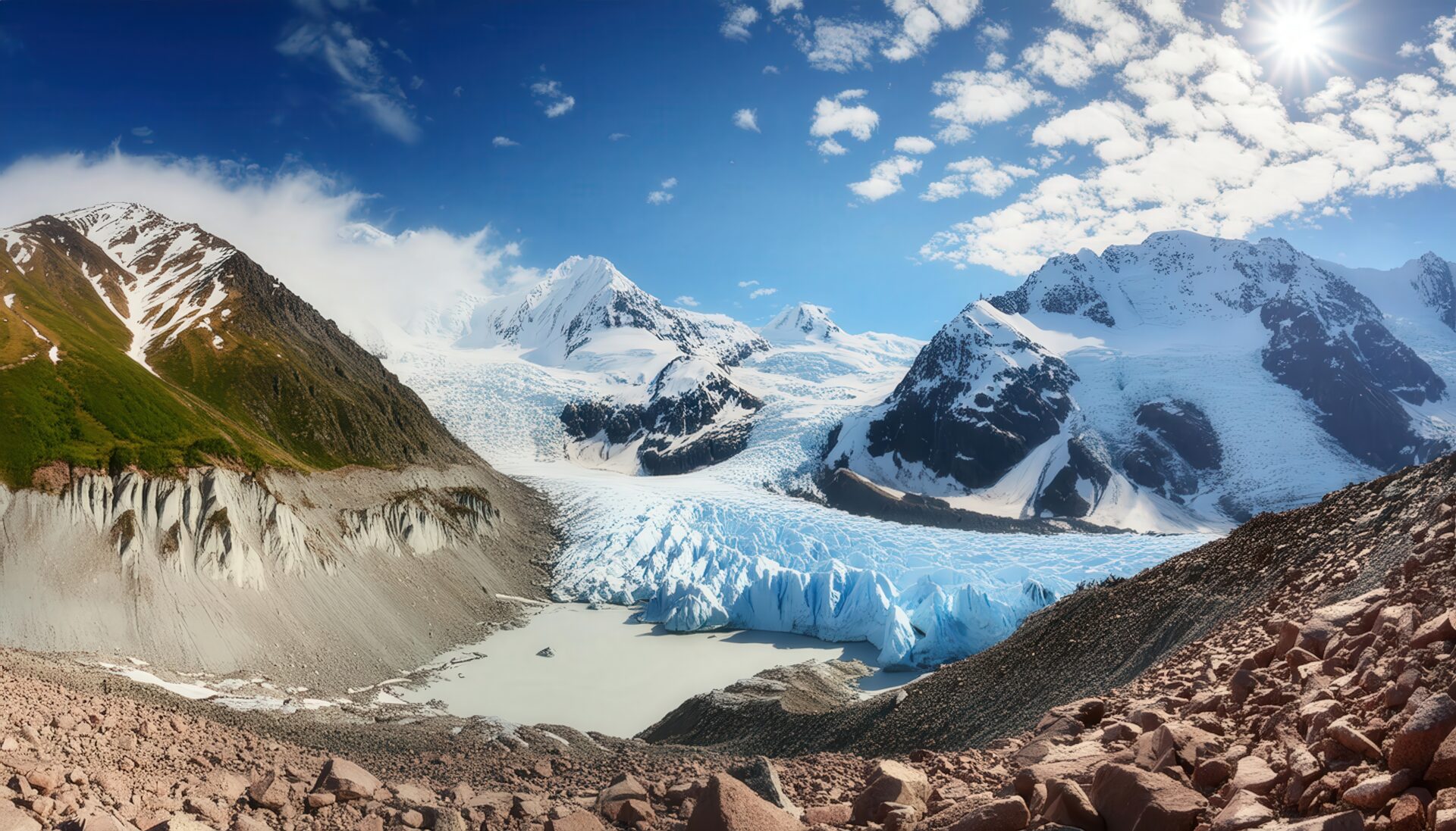 雪山の麓に広がる青い氷河と氷河湖の眺め
