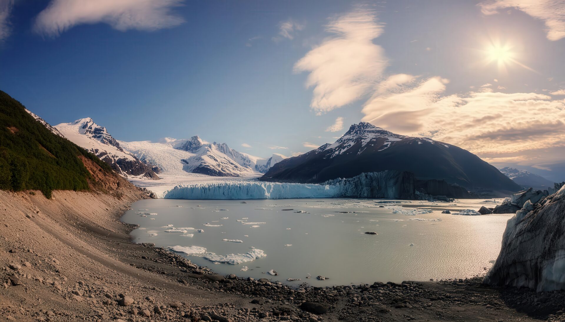 湖と雪山に隣接する青い氷河の広角風景
