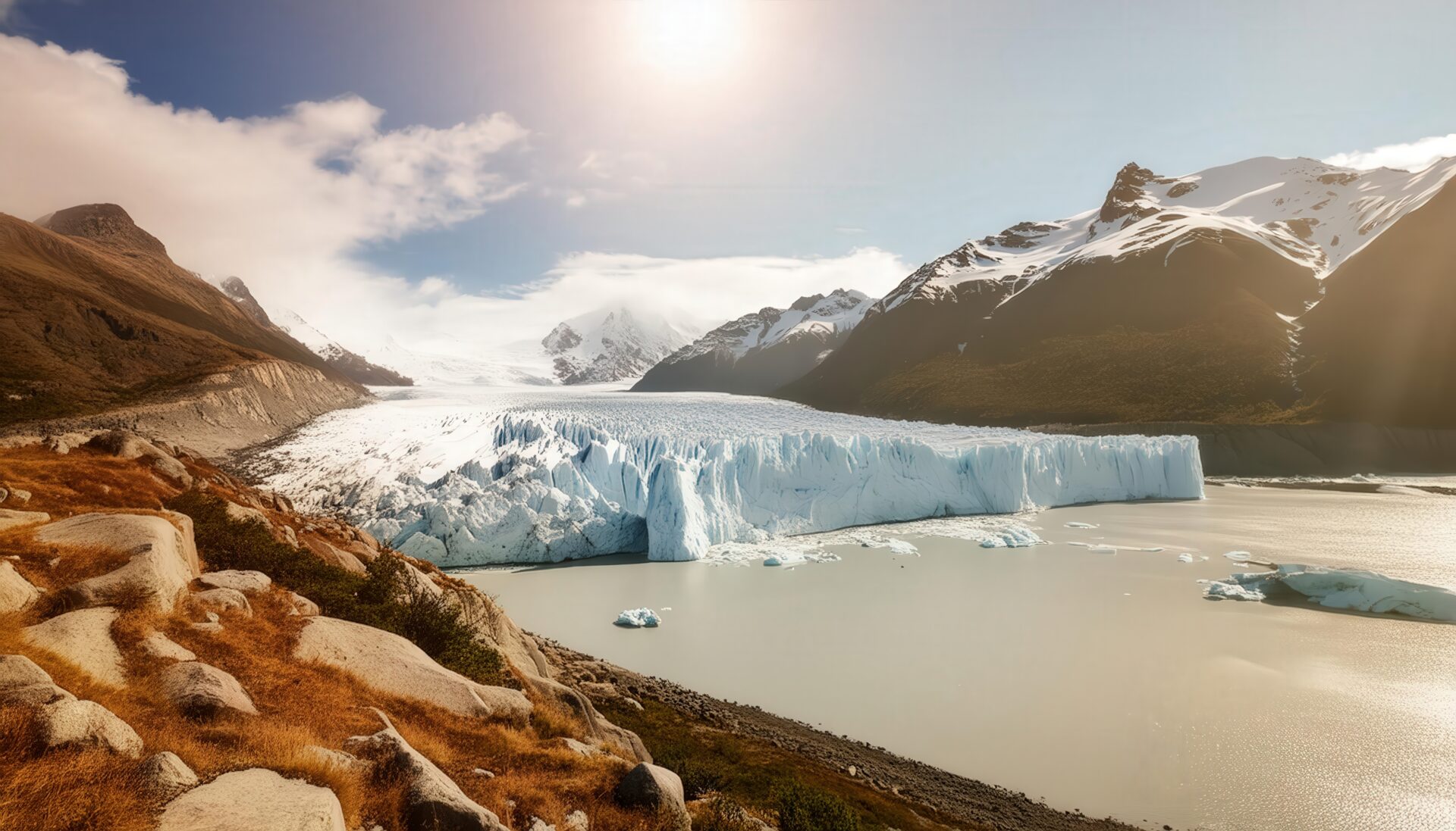 岩場と褐色草地から見る氷河と静かな湖
