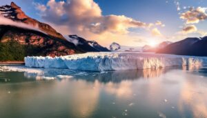 夕焼け空の下で輝く氷河と静かな水面