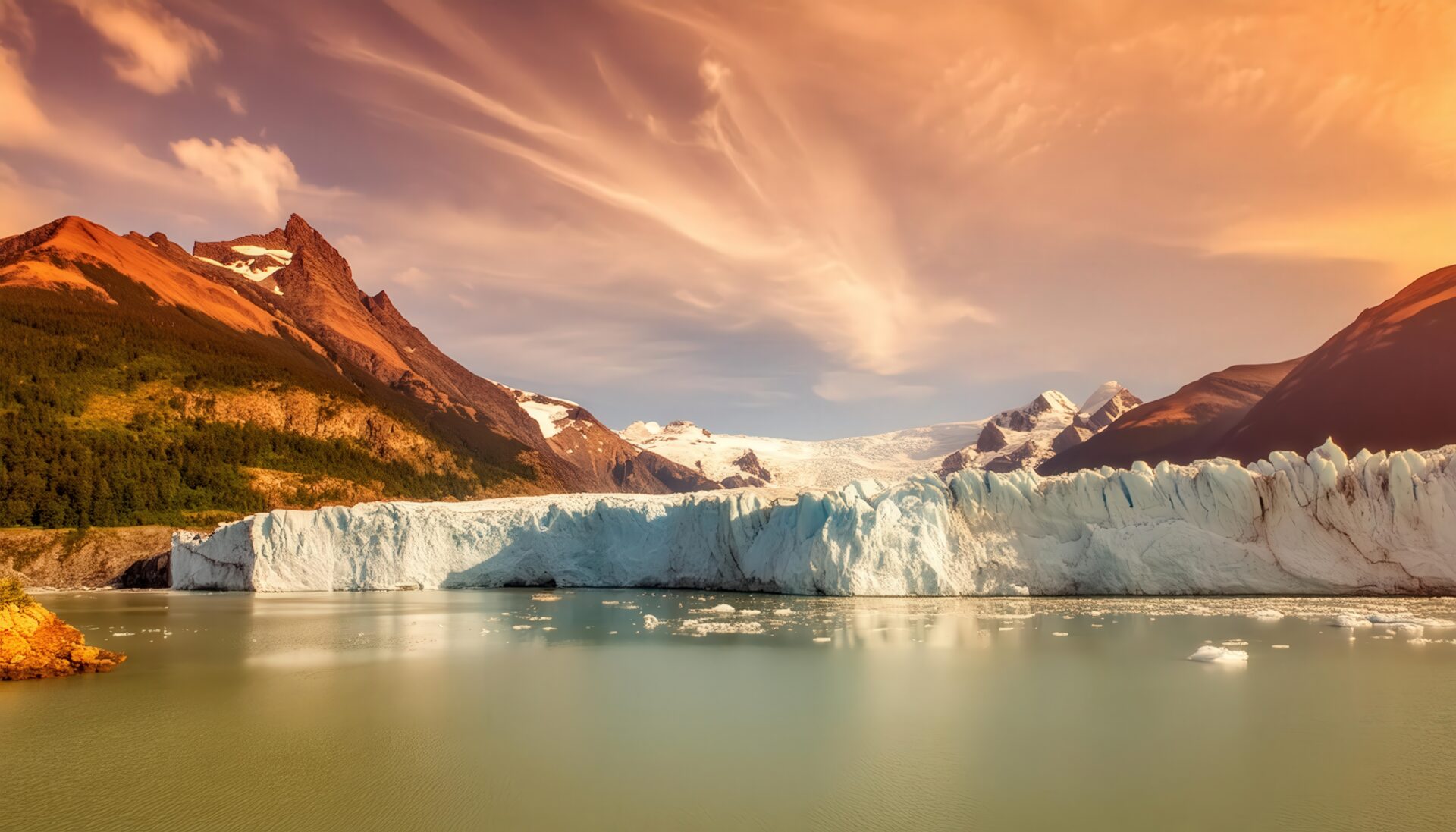 黄金色の山々に囲まれた氷河と湖の夕暮れ