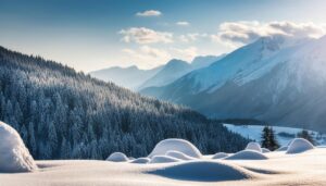 雪に覆われた森と山脈