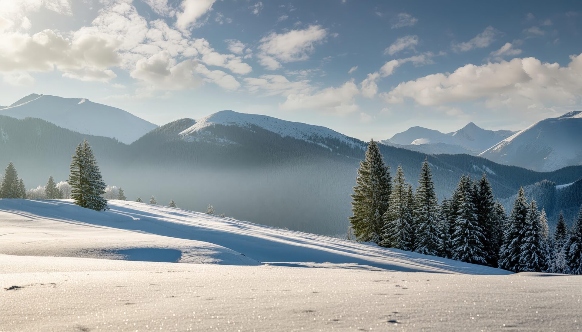 冬の山並みと森