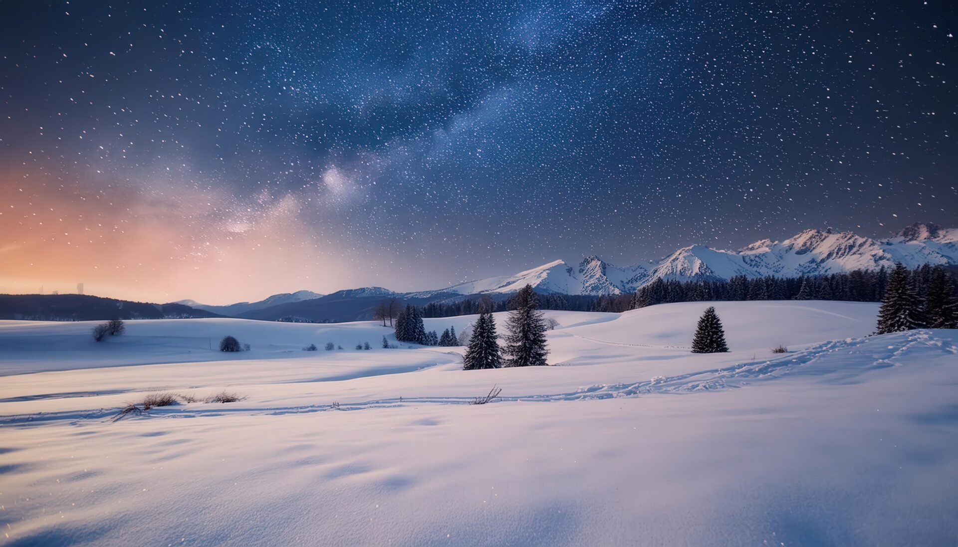 冬の星空と山々