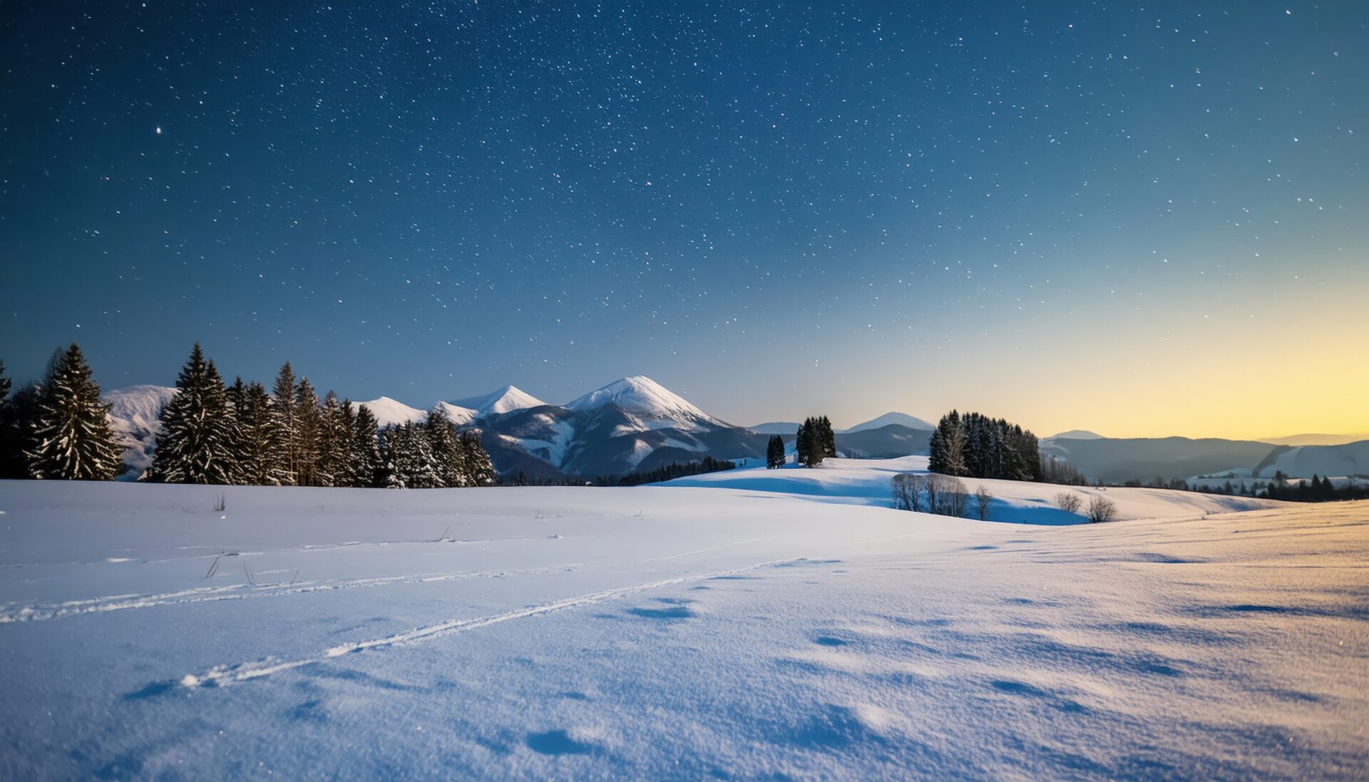 雪山と星空の広がる風景