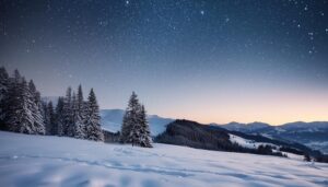 冬の星空と雪山