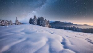 星空と雪山の幻想的な風景