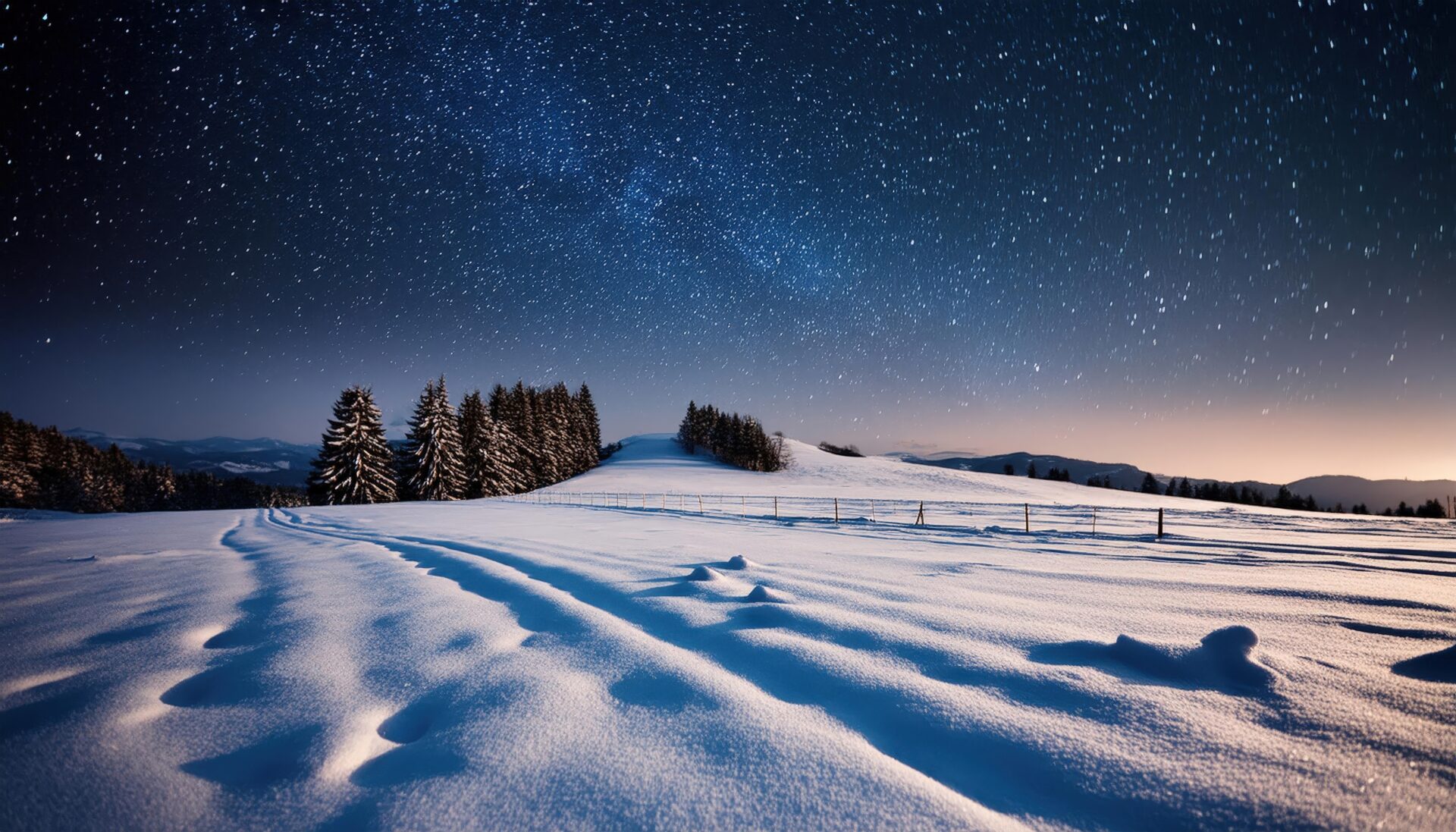 星空の下の雪原と森