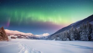 オーロラと雪山の幻想的な夜