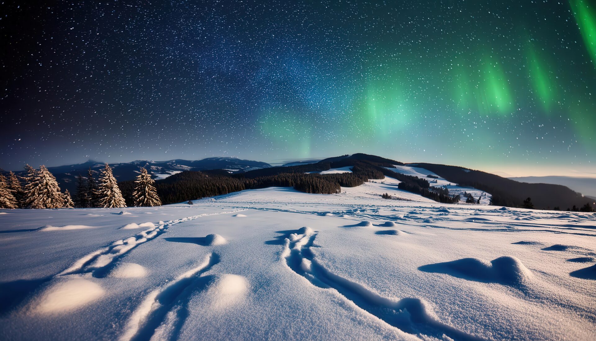 雪原に広がるオーロラと星空