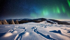 雪原に広がるオーロラと星空
