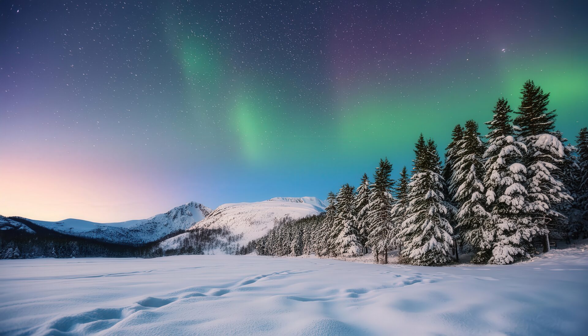 オーロラと雪山の夜明け